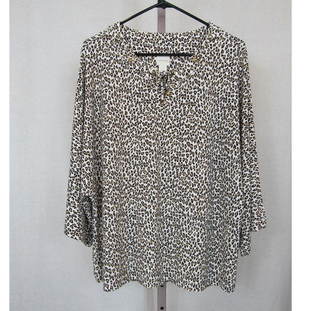 Chico's Size 3 XL Leopard Print 3/4 Sleeve Wide Flowy Blouse Gold Grommets